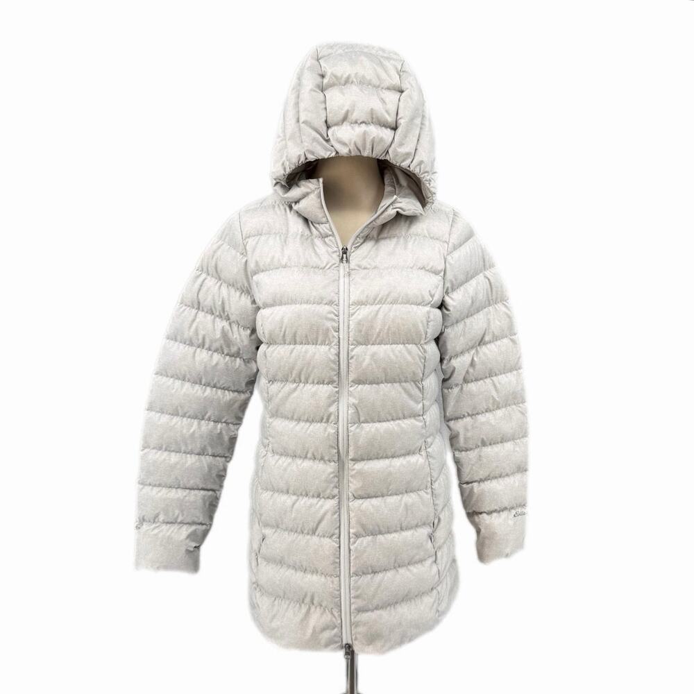 Eddie Bauer EB650 Light Gray Down Filled Hooded Packable Long Puffer Jacket